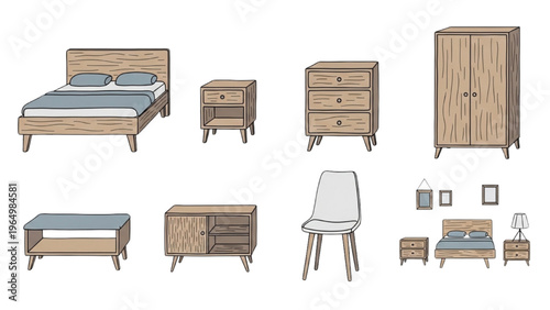 Hand-drawn Set of Modern Wooden Furniture for a Cozy Bedroom Interior