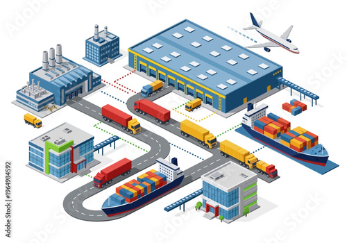 Global logistics and supply chain management with cargo transportation and distribution networks