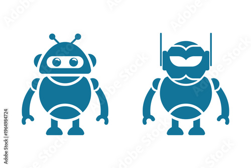 Flat Robot Icon Set Collection, Cute AI Bot Characters Vector Illustration