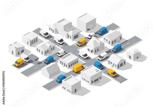 Isometric neighborhood with cars and houses, urban infrastructure concept
