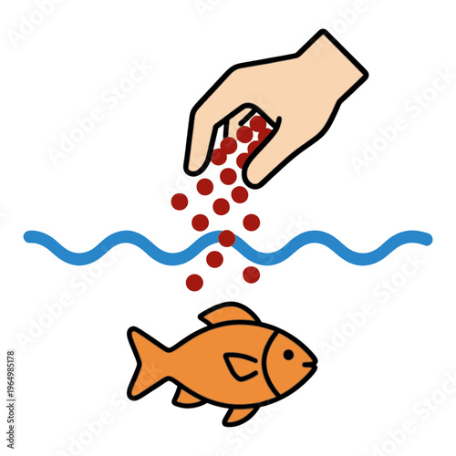 Hand Feeding Goldfish with Red Pellets Vector Icon