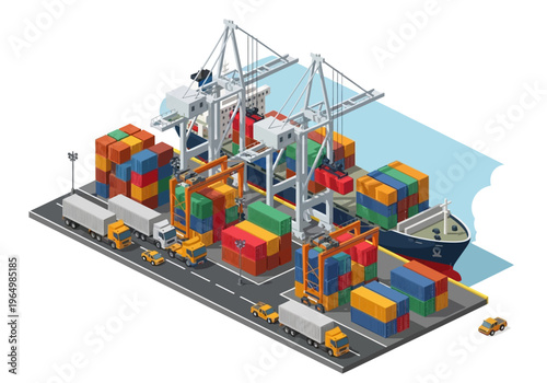 Industrial port scene with cargo containers, ships, trucks, and cranes for logistics and shipping services