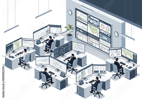 Modern surveillance room with multiple monitors and operators monitoring data