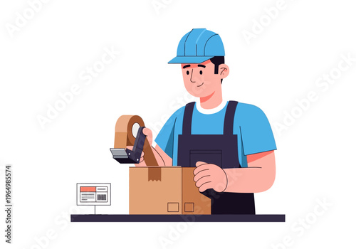 Man in blue cap and overalls packing a box with tape dispenser