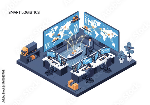 Smart logistics control center managing global shipping routes and cargo transportation