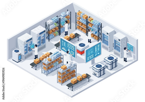 Isometric view of a modern pharmaceutical warehouse with workers handling medical supplies and equipment