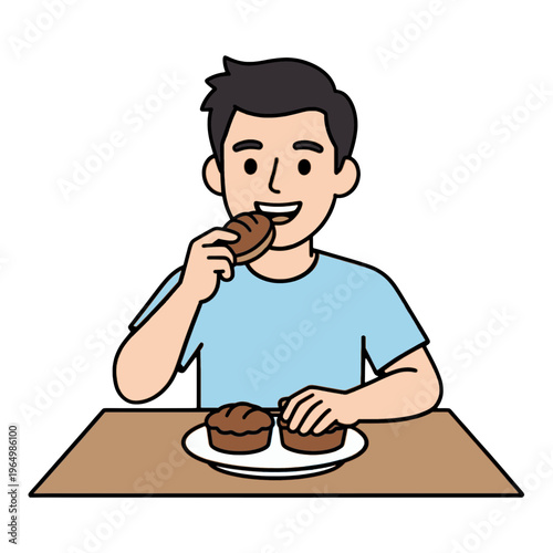 Man Eating Chocolate Muffins Vector Icon