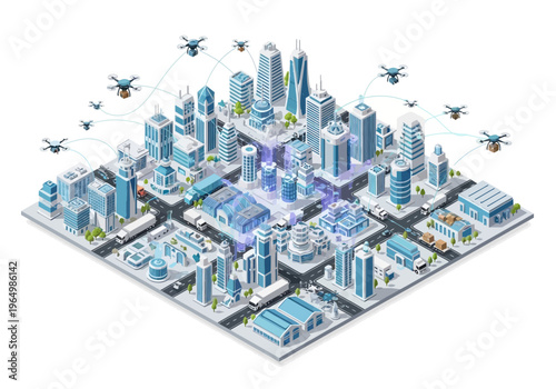 Futuristic Smart City with Autonomous Drones Delivering Packages and Advanced Infrastructure