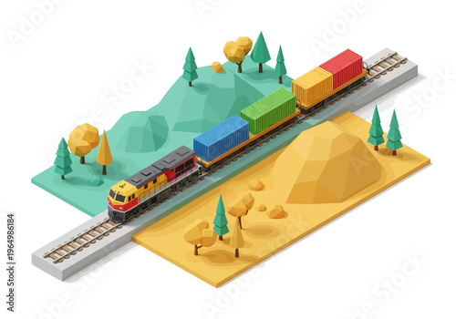 Isometric low-poly train with colorful cargo containers traveling through a stylized landscape