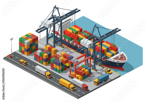Isometric view of a busy container port with ships, cranes, trucks and cargo containers