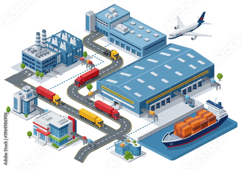 Industrial logistics and transportation network illustration with trucks, ships, and planes