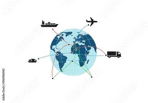 Global logistics network connecting continents with various modes of transportation and shipping routes