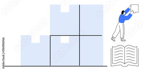 Knowledge concept. Knowledge is ed by puzzle blocks being organized by a figure with an open book. Knowledge development, problem-solving, and creative education. For study, teaching, personal