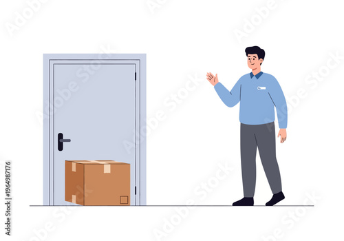 Delivery person waving hello to a box left outside a closed door, illustration