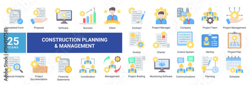 Construction Planning and Management icon set featuring project strategy,workflow,financial analysis,documentation,and team coordination.Ideal for business,management,and planning concepts.