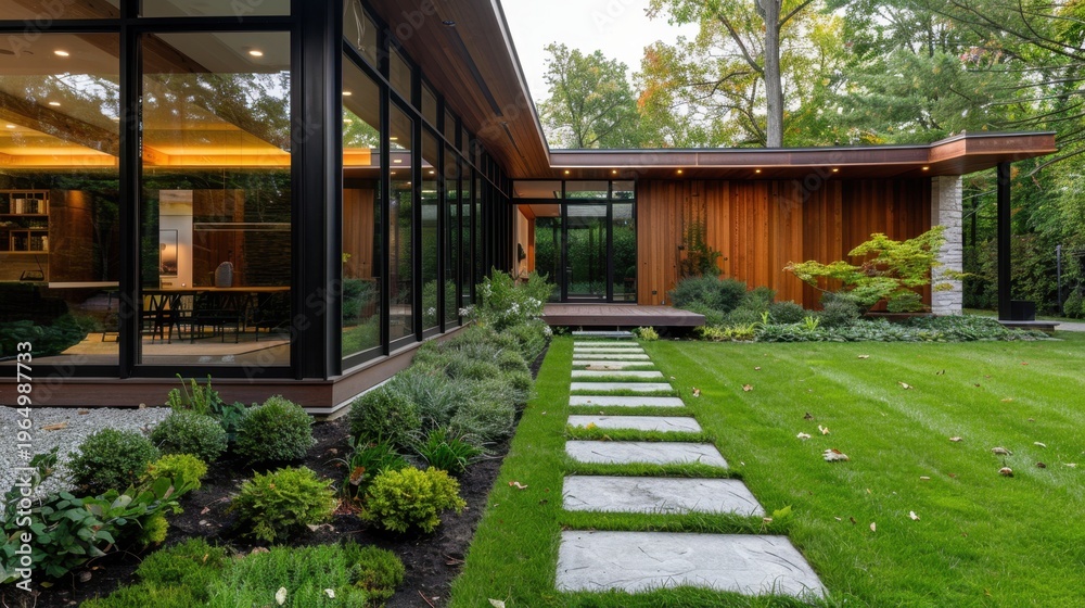 Fototapeta premium Modern architectural design of a spacious home surrounded by greenery and landscaped gardens under soft natural light