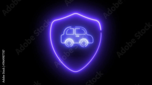 Neon light effect animation of an icon of a shield enveloping a car. Car insurance