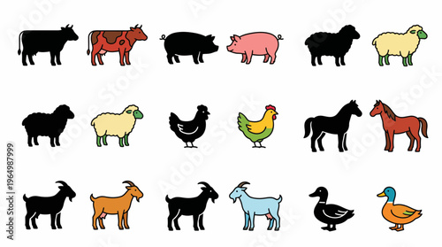 Collection of diverse farm animals illustrated in a simple and modern cartoon style, featuring livestock and poultry