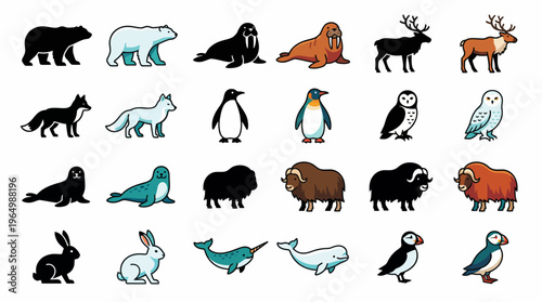 Collection of Arctic animal illustrations in a pixel art style, featuring iconic creatures of the polar regions