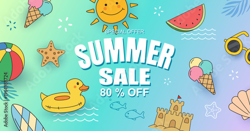 Colorful summer sale banner with cute hand drawn for shopping promotion background.