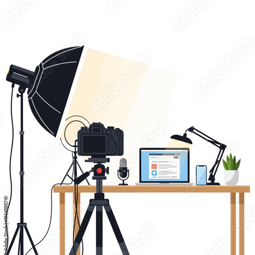 Content creation setup: camera, laptop, microphone, and lighting for vlogging, podcasting, streaming