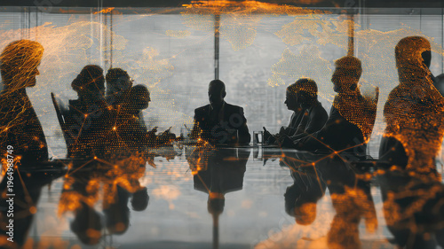 Business people in a meeting with a digital globe and world network connections floating above.