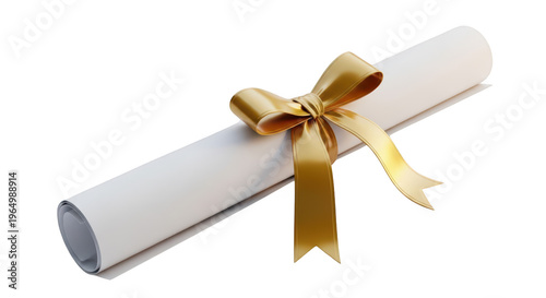 A white rolled up diploma with a gold ribbon