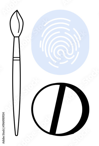 Creativity, individuality, medical identity, digital security, biometric authentication, healthcare. Composition of paintbrush, fingerprint and pill icon. Creativity and individuality concepts
