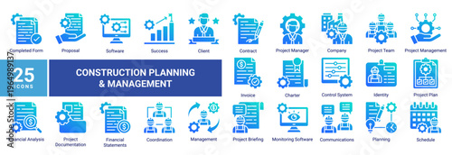 Construction Planning and Management icon set featuring project strategy,workflow,financial analysis,documentation,and team coordination.Ideal for business,management,and planning concepts.