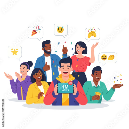 Diverse group celebrating 1 million views milestone with confetti and emojis
