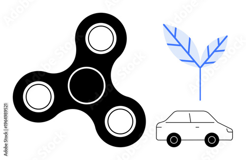 Creativity, eco-friendly , balance, focus, toy innovation, and sustainability. Black fidget spinner, blue leaf and minimal car outline. Creativity and eco-friendly themes illustration