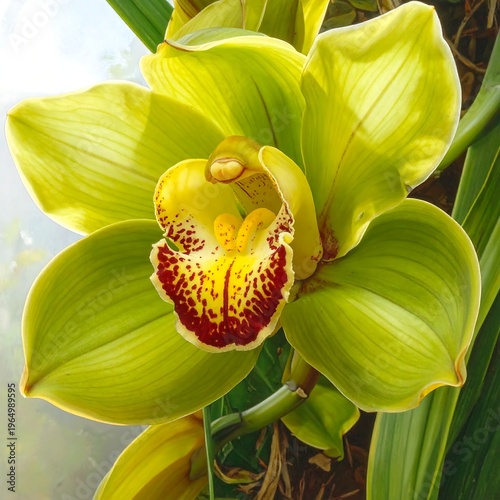 A large yellow orchid with red markings and green leaves