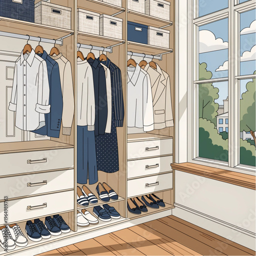 Modern clothing store display showcasing folded jackets and pants on shelves