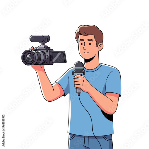 Illustrator of a smiling male reporter holding a video camera and microphone