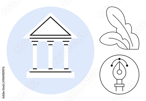 Education, creativity, design, nature, architecture, art. A classical building, foliage pen nib in minimalist style. Education and creativity linked through artistic and architectural elements