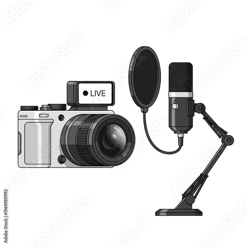 Live Broadcast Setup: Camera with 'LIVE' indicator and professional microphone on stand