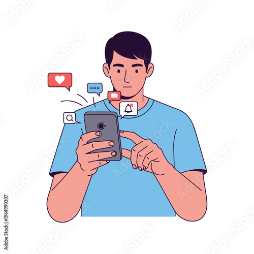 Man scrolling smartphone with social media notifications, engagement icons