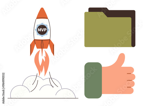 Business startups, project launches, MVP concepts, file storage, success, teamwork. Rocket with MVP label, file folder thumbs-up hand. Business startups and project launches concept
