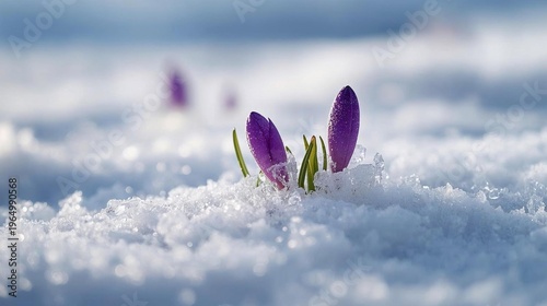 A single vibrant purple flower blooming through a layer of fresh white snow, macro photography, crystal-clear ice particles
