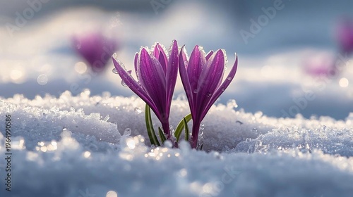 A single vibrant purple flower blooming through a layer of fresh white snow, macro photography, crystal-clear ice particles