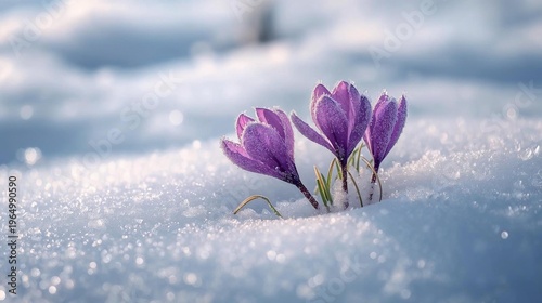 A single vibrant purple flower blooming through a layer of fresh white snow, macro photography, crystal-clear ice particles
