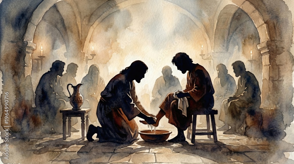 Fototapeta premium Jesus Washes Feet Humble Servant Leadership Last Supper Biblical Art Christian Illustration Foot Washing