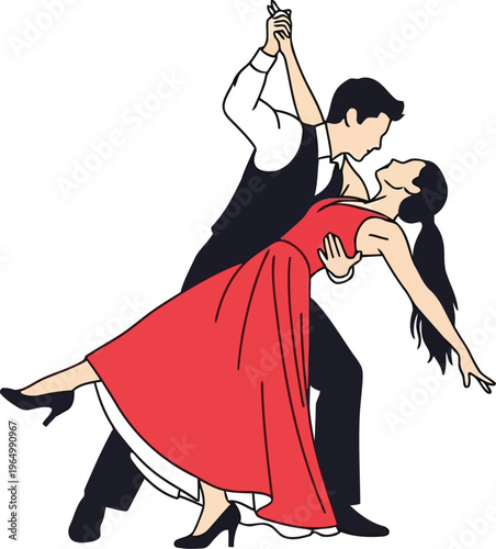 Elegant Couple Dancing Ballroom Tango in Formal Wear Isolated on White Background Vector Illustration
