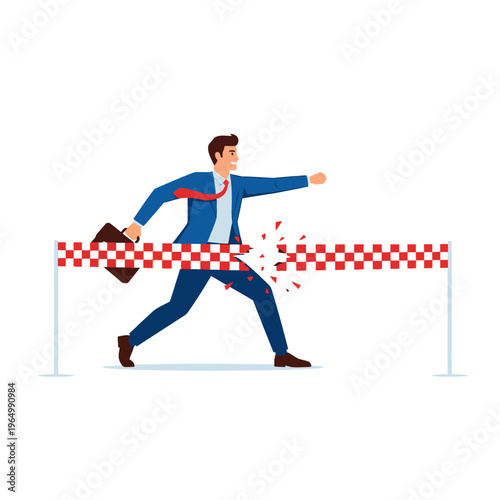 Businessman breaking through finish line barrier, achieving success, overcoming obstacles