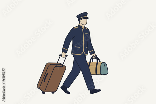 Hotel bellhop in uniform walking with luggage and duffel bag