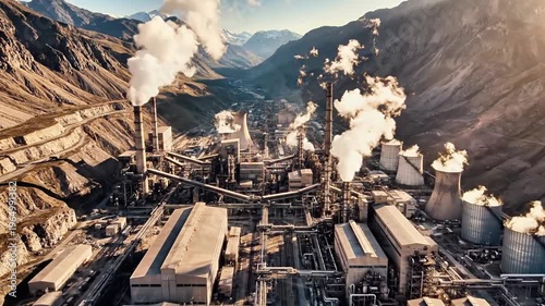 A large industrial complex situated in a mountainous valley with smokestacks emitting steam