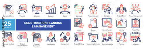 Construction Planning and Management icon set featuring project strategy,workflow,financial analysis,documentation,and team coordination.Ideal for business,management,and planning concepts.
