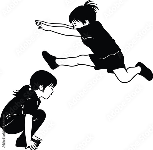 Black and White Vector Silhouette Illustration of Children Playing Leapfrog Game on White Background