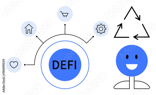 Decentralized finance, sustainability, fintech, technology integration, cryptocurrency, economic systems. Circular DeFi hub with icons including home, cart gear and recycling symbol. Decentralized