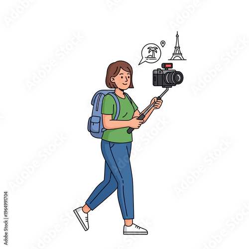Travel Vlogger with Camera and Backpack Exploring Paris, Vector Illustration